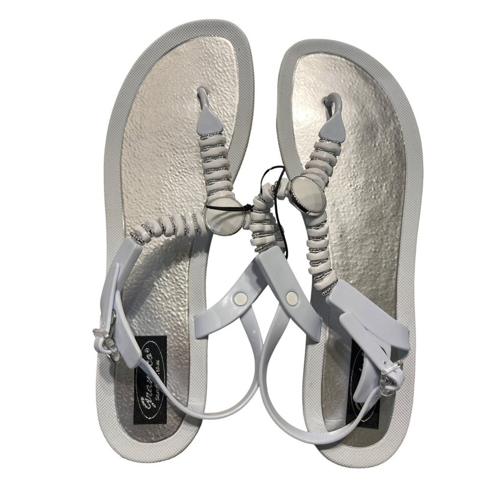 Womens Silver & White Sandals With Elastic Straps Size 11 Made In Taiwan Durable